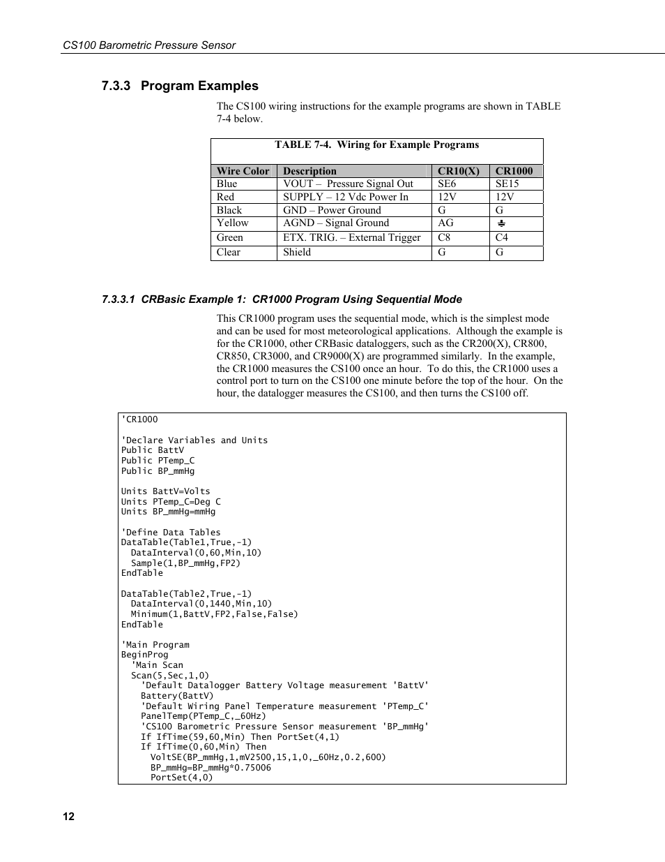 3 program examples, Program examples, Crbasic example 1: cr1000 program using | Sequential mode, 4. wiring for example programs | Campbell Scientific CS100 Barometric Pressure Sensor User Manual | Page 18 / 24