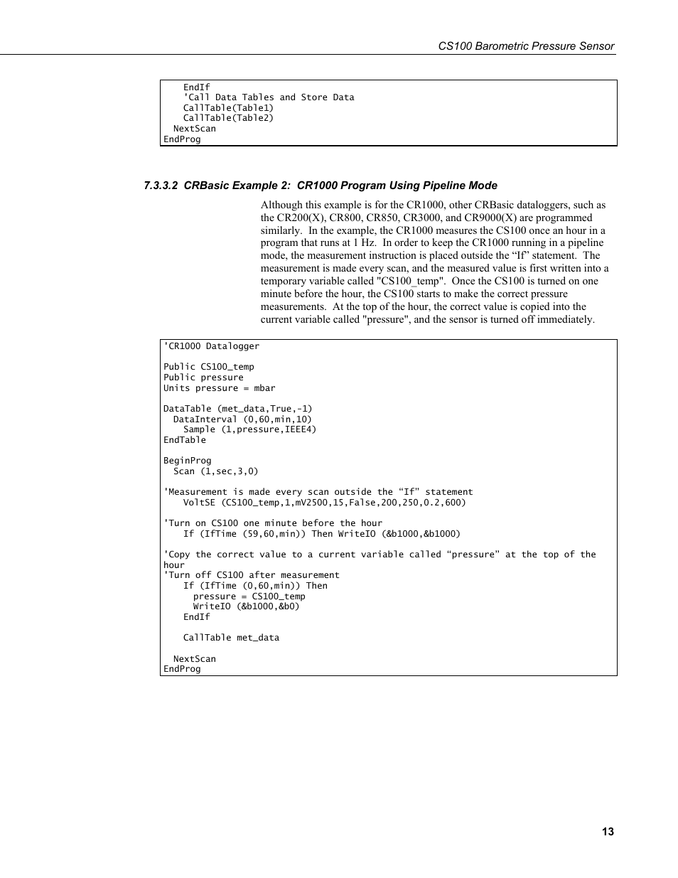 Crbasic example 2: cr1000 program using, Pipeline mode | Campbell Scientific CS100 Barometric Pressure Sensor User Manual | Page 19 / 24