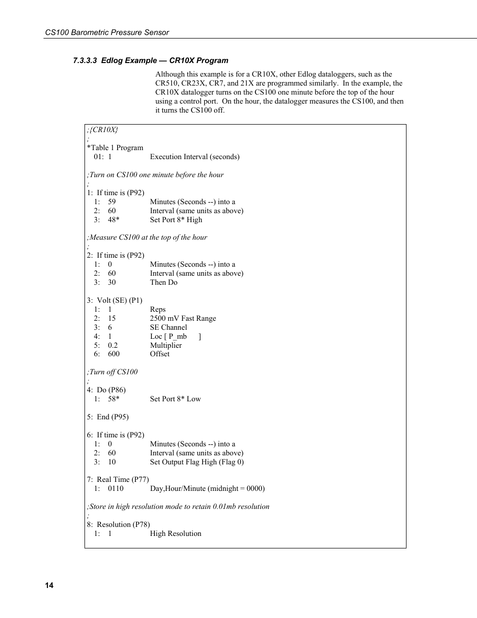 3 edlog example — cr10x program, Edlog example — cr10x program | Campbell Scientific CS100 Barometric Pressure Sensor User Manual | Page 20 / 24