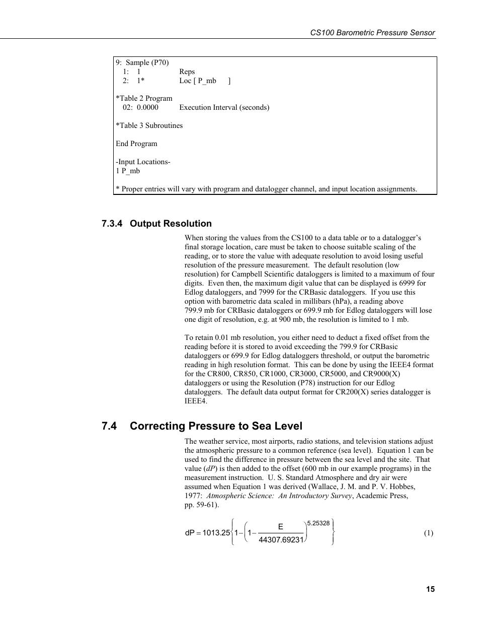 4 output resolution, 4 correcting pressure to sea level, Output resolution | Correcting pressure to sea level | Campbell Scientific CS100 Barometric Pressure Sensor User Manual | Page 21 / 24