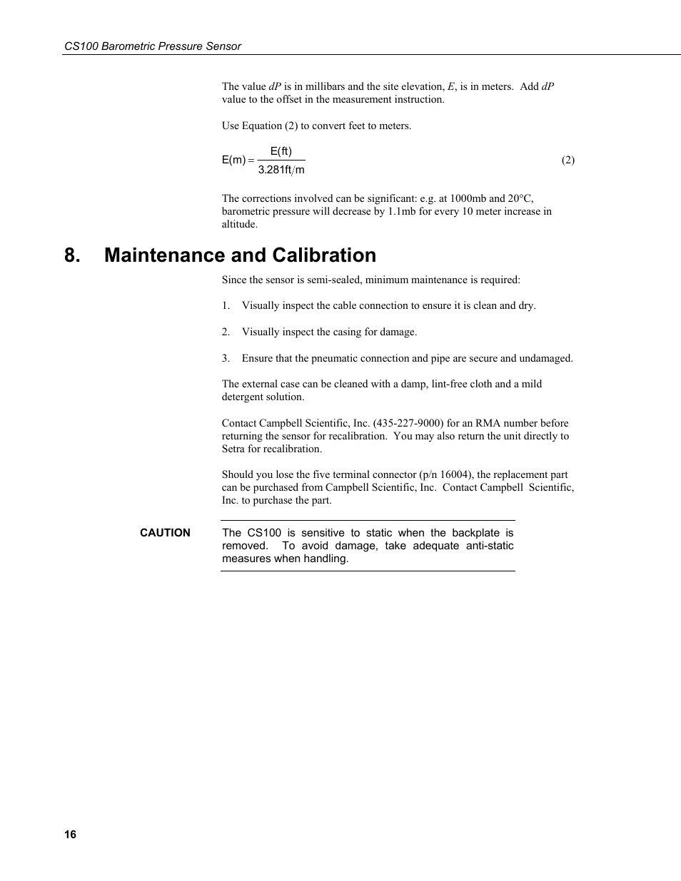 Maintenance and calibration | Campbell Scientific CS100 Barometric Pressure Sensor User Manual | Page 22 / 24