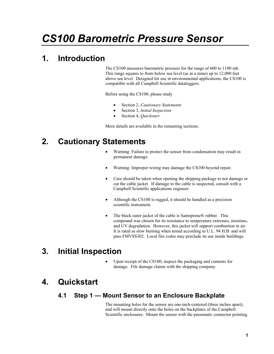 Introduction, Cautionary statements, Initial inspection | Quickstart, 1 step 1 — mount sensor to an enclosure backplate, Step 1 — mount sensor to an enclosure backplate, Cs100 barometric pressure sensor | Campbell Scientific CS100 Barometric Pressure Sensor User Manual | Page 7 / 24