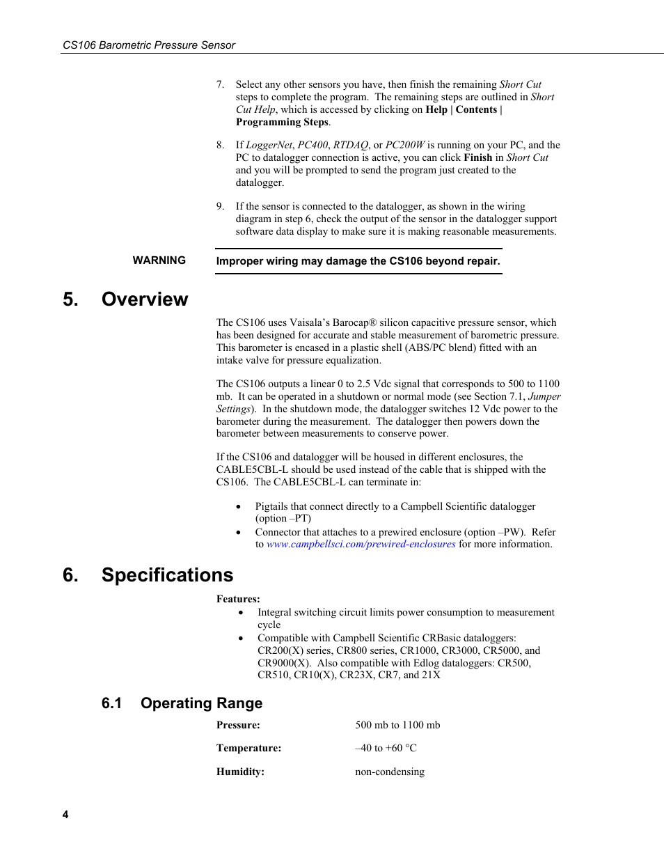 Overview, Specifications, 1 operating range | Operating range | Campbell Scientific CS106 Barometer User Manual | Page 12 / 30