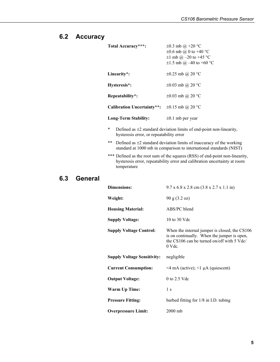 2 accuracy, 3 general, Accuracy | General | Campbell Scientific CS106 Barometer User Manual | Page 13 / 30