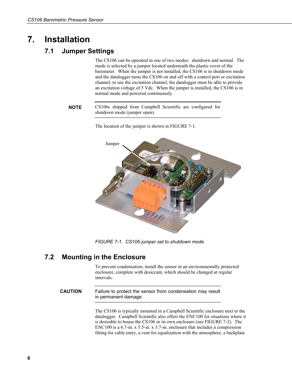 Installation, 1 jumper settings, 2 mounting in the enclosure | Jumper settings, Mounting in the enclosure, 1. cs106 jumper set to shutdown mode | Campbell Scientific CS106 Barometer User Manual | Page 14 / 30