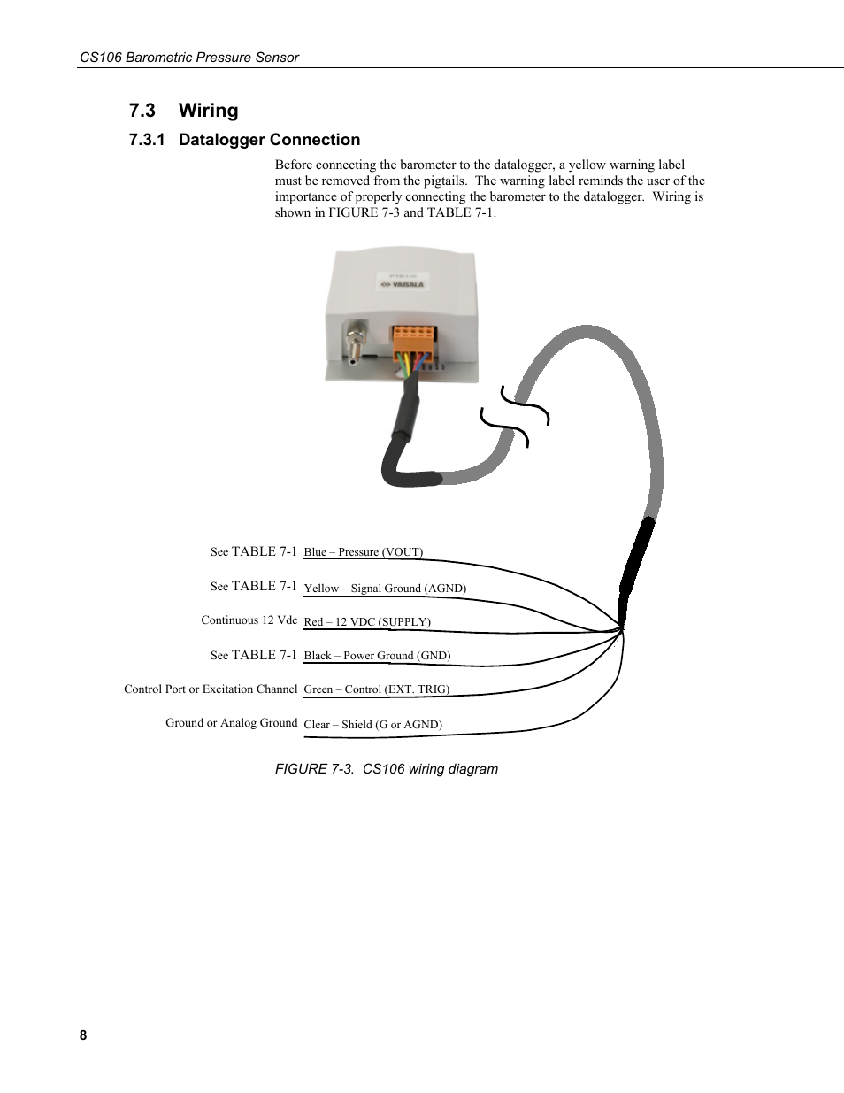 3 wiring, 1 datalogger connection, Wiring | Datalogger connection, 3. cs106 wiring diagram | Campbell Scientific CS106 Barometer User Manual | Page 16 / 30