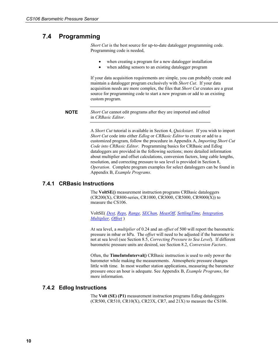 4 programming, 1 crbasic instructions, 2 edlog instructions | Programming, Crbasic instructions, Edlog instructions | Campbell Scientific CS106 Barometer User Manual | Page 18 / 30