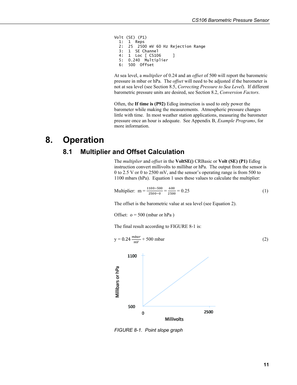 Operation, 1 multiplier and offset calculation, Multiplier and offset calculation | 1. point slope graph | Campbell Scientific CS106 Barometer User Manual | Page 19 / 30