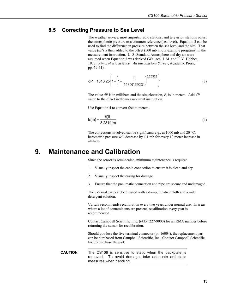 5 correcting pressure to sea level, Maintenance and calibration, Correcting pressure to sea level | Campbell Scientific CS106 Barometer User Manual | Page 21 / 30