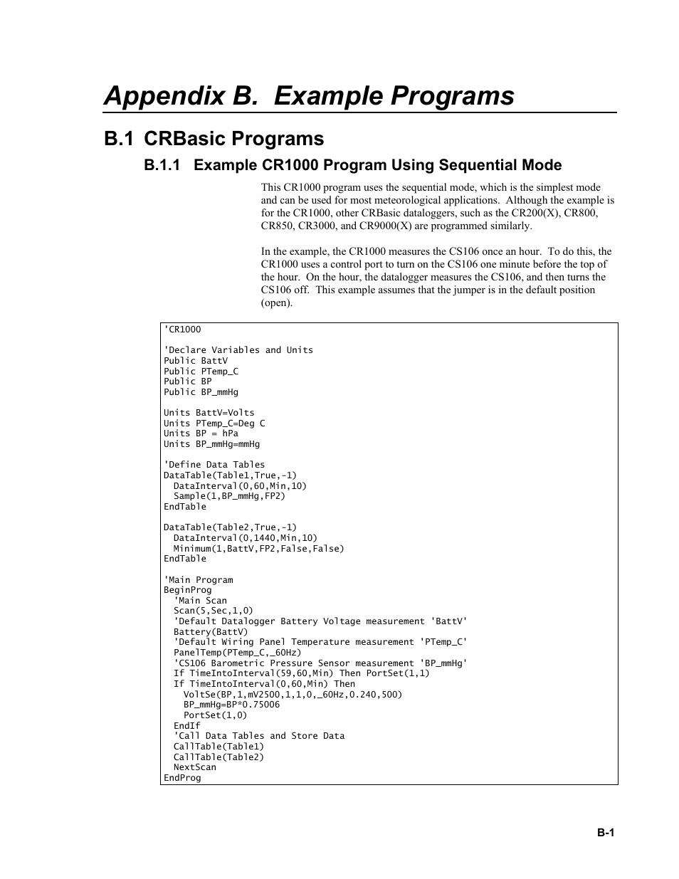 Appendix b. example programs, B.1 crbasic programs, B.1.1 example cr1000 program using sequential mode | B.1.1, Appendix b, Ee appendix b | Campbell Scientific CS106 Barometer User Manual | Page 25 / 30