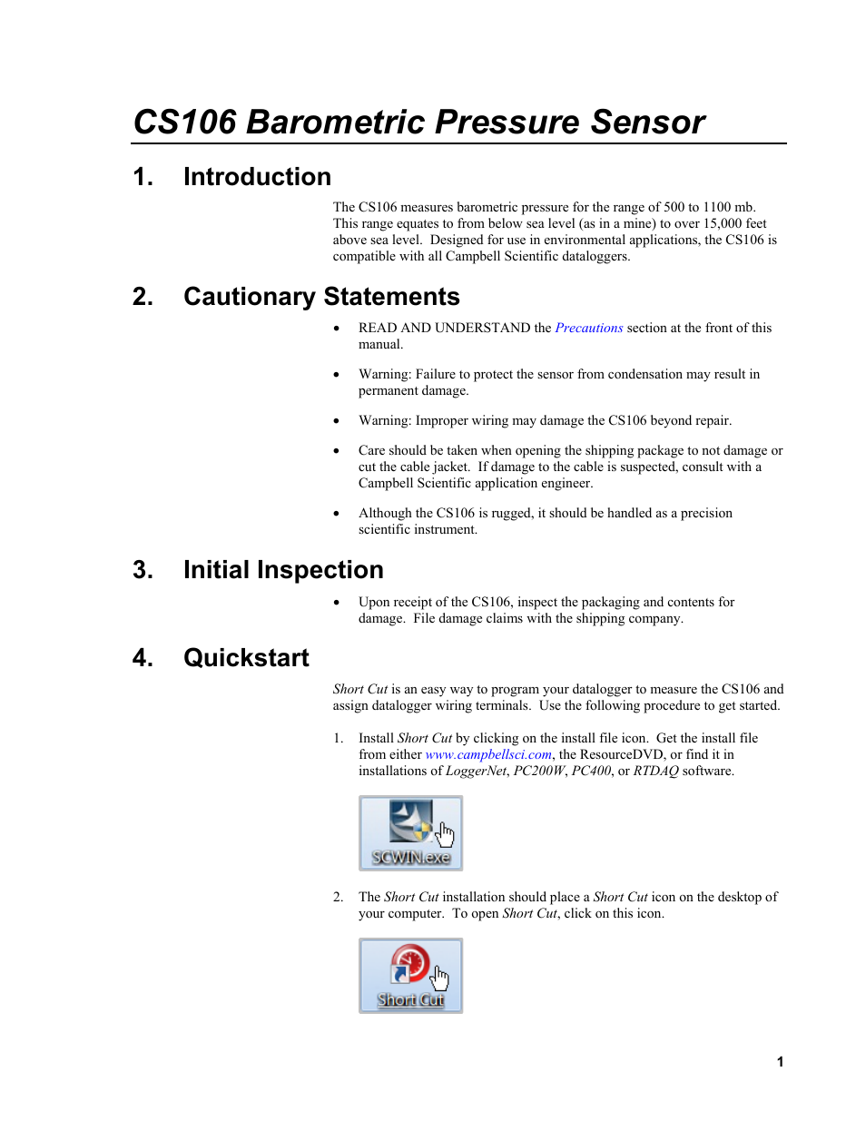 Introduction, Cautionary statements, Initial inspection | Quickstart, Cs106 barometric pressure sensor | Campbell Scientific CS106 Barometer User Manual | Page 9 / 30