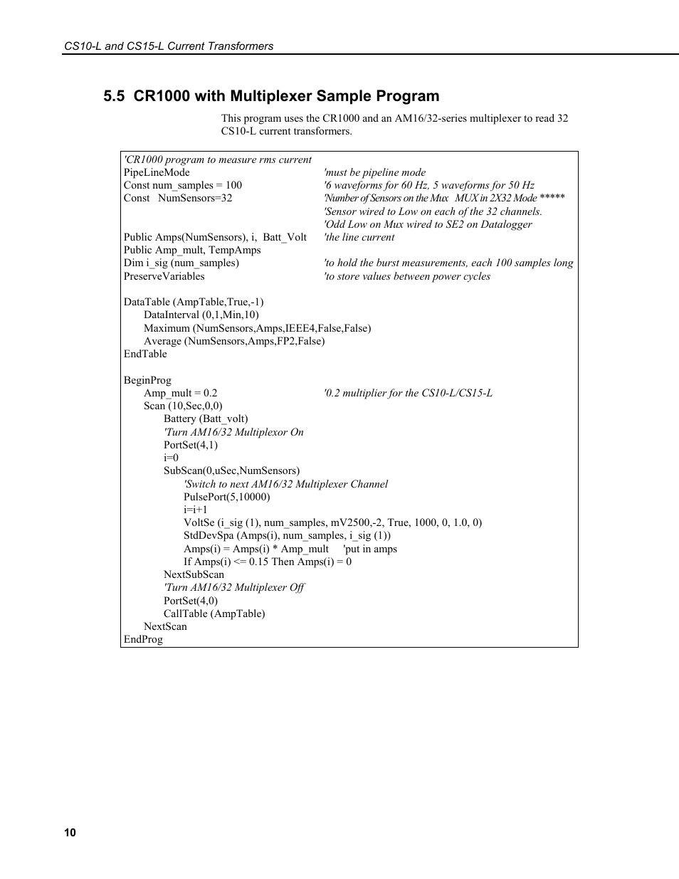5 cr1000 with multiplexer sample program | Campbell Scientific CS10-L and CS15-L Current Transformers User Manual | Page 16 / 30