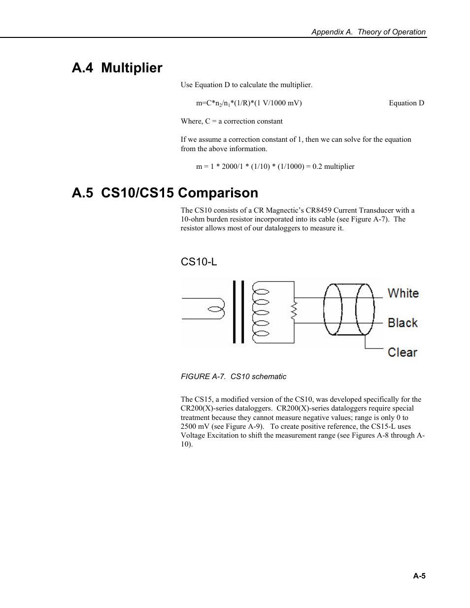 A.4 multiplier, A.5 cs10/cs15 comparison, Cs10-l | Campbell Scientific CS10-L and CS15-L Current Transformers User Manual | Page 25 / 30