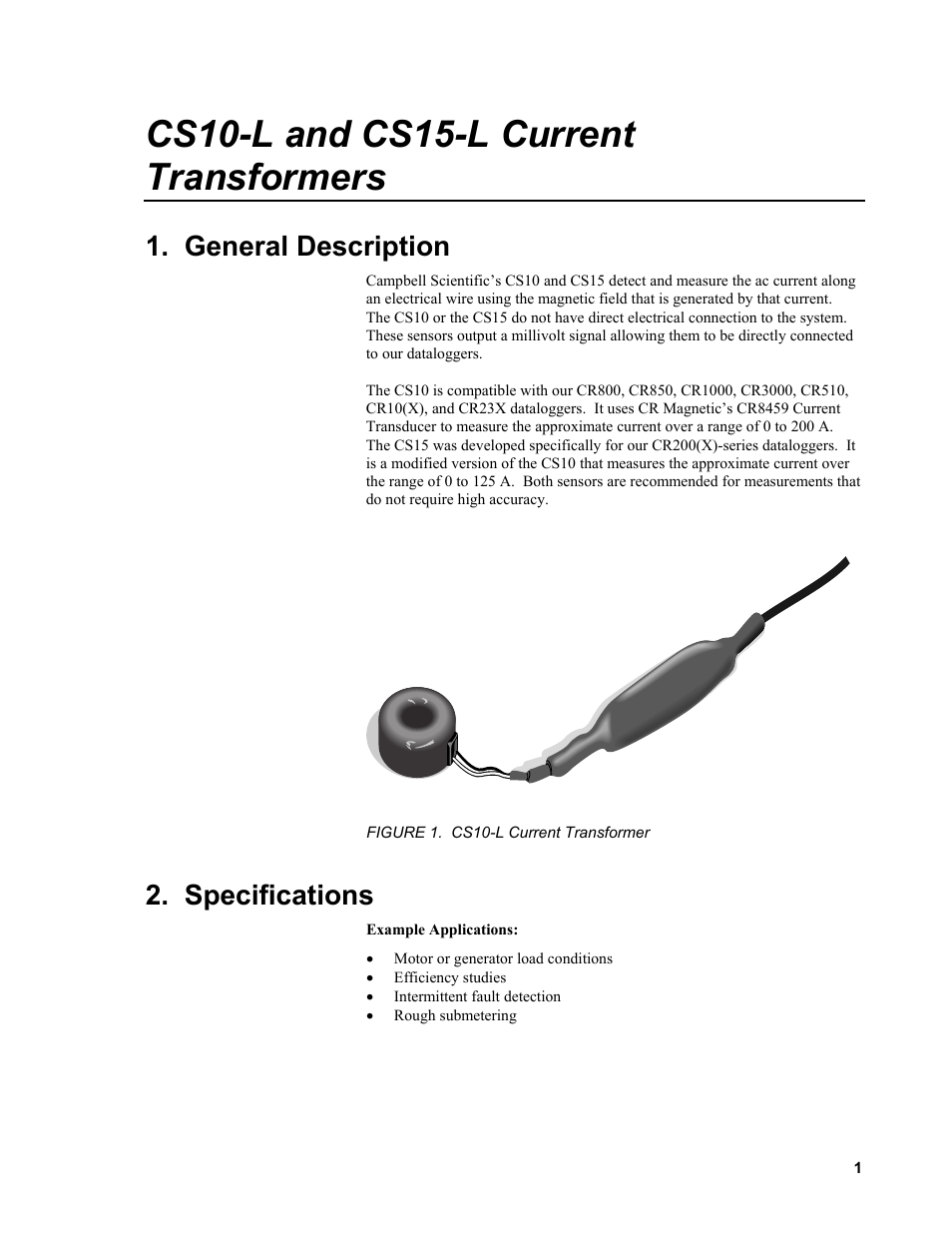 Cs10-l and cs15-l current transformers, General description, Specifications | Campbell Scientific CS10-L and CS15-L Current Transformers User Manual | Page 7 / 30