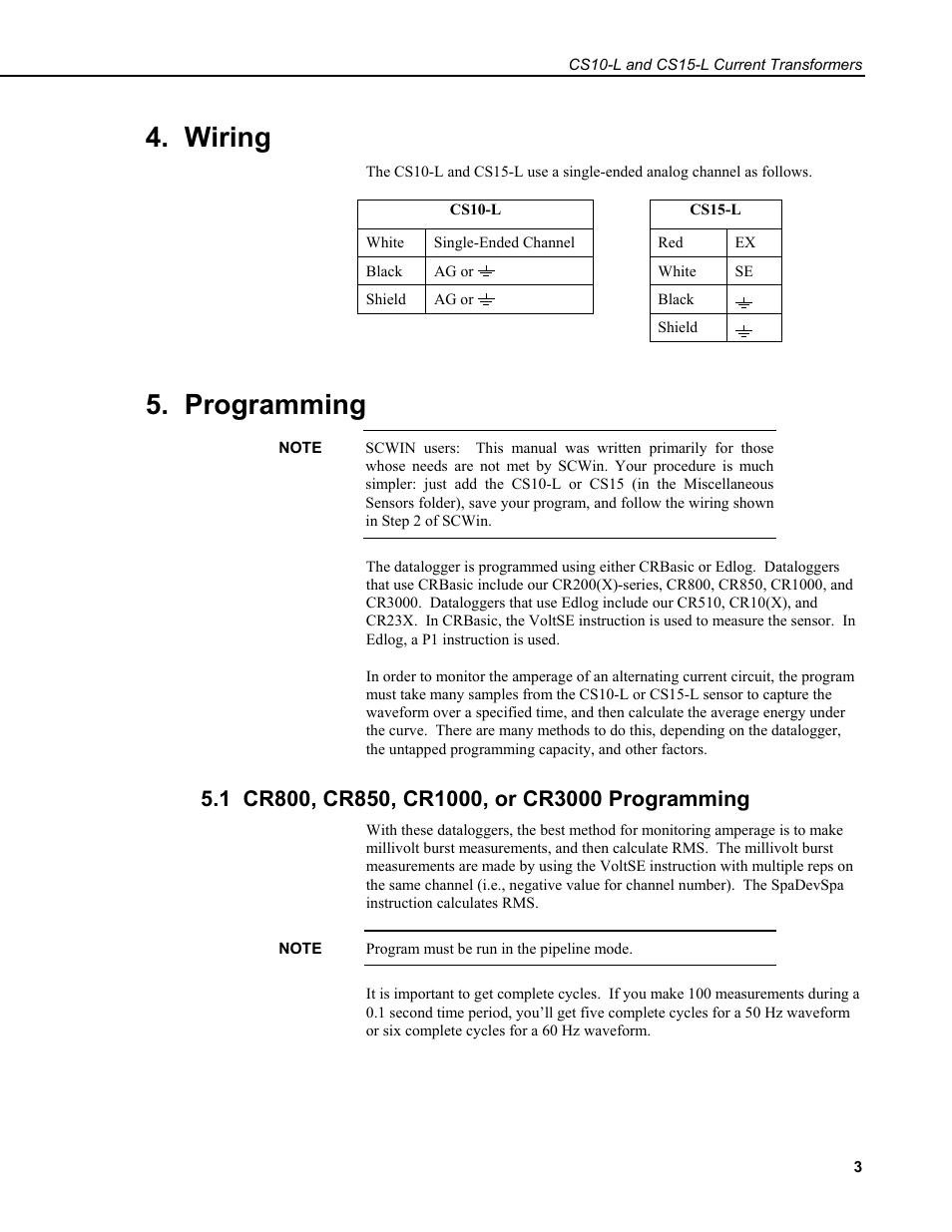 Wiring, Programming, 1 cr800, cr850, cr1000, or cr3000 programming | Campbell Scientific CS10-L and CS15-L Current Transformers User Manual | Page 9 / 30