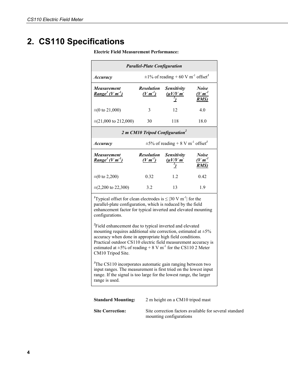 Cs110 specifications | Campbell Scientific CS110 Electric Field Meter User Manual | Page 12 / 88