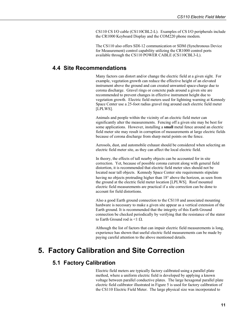 4 site recommendations, Factory calibration and site correction, 1 factory calibration | Campbell Scientific CS110 Electric Field Meter User Manual | Page 19 / 88