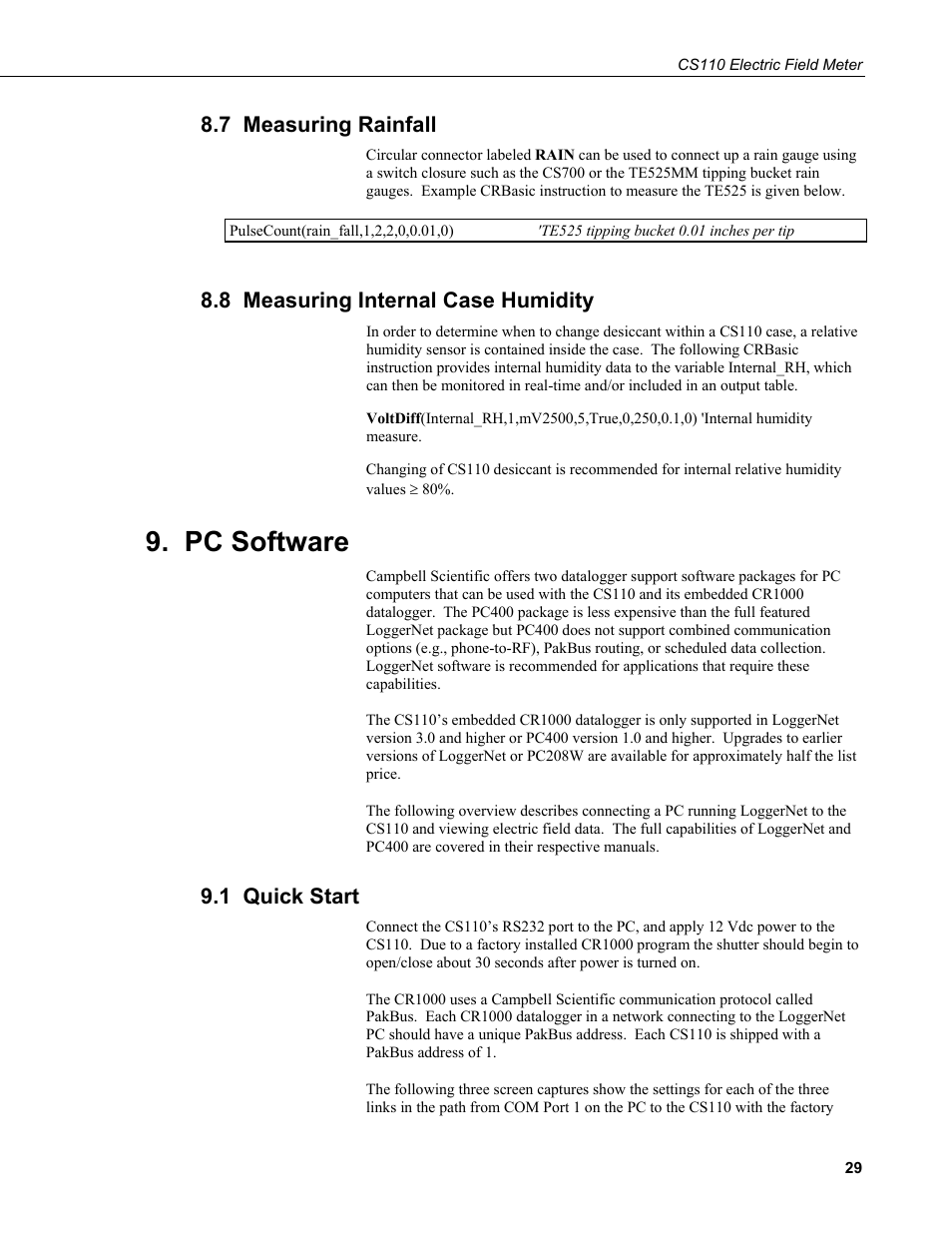 7 measuring rainfall, 8 measuring internal case humidity, Pc software | 1 quick start | Campbell Scientific CS110 Electric Field Meter User Manual | Page 37 / 88