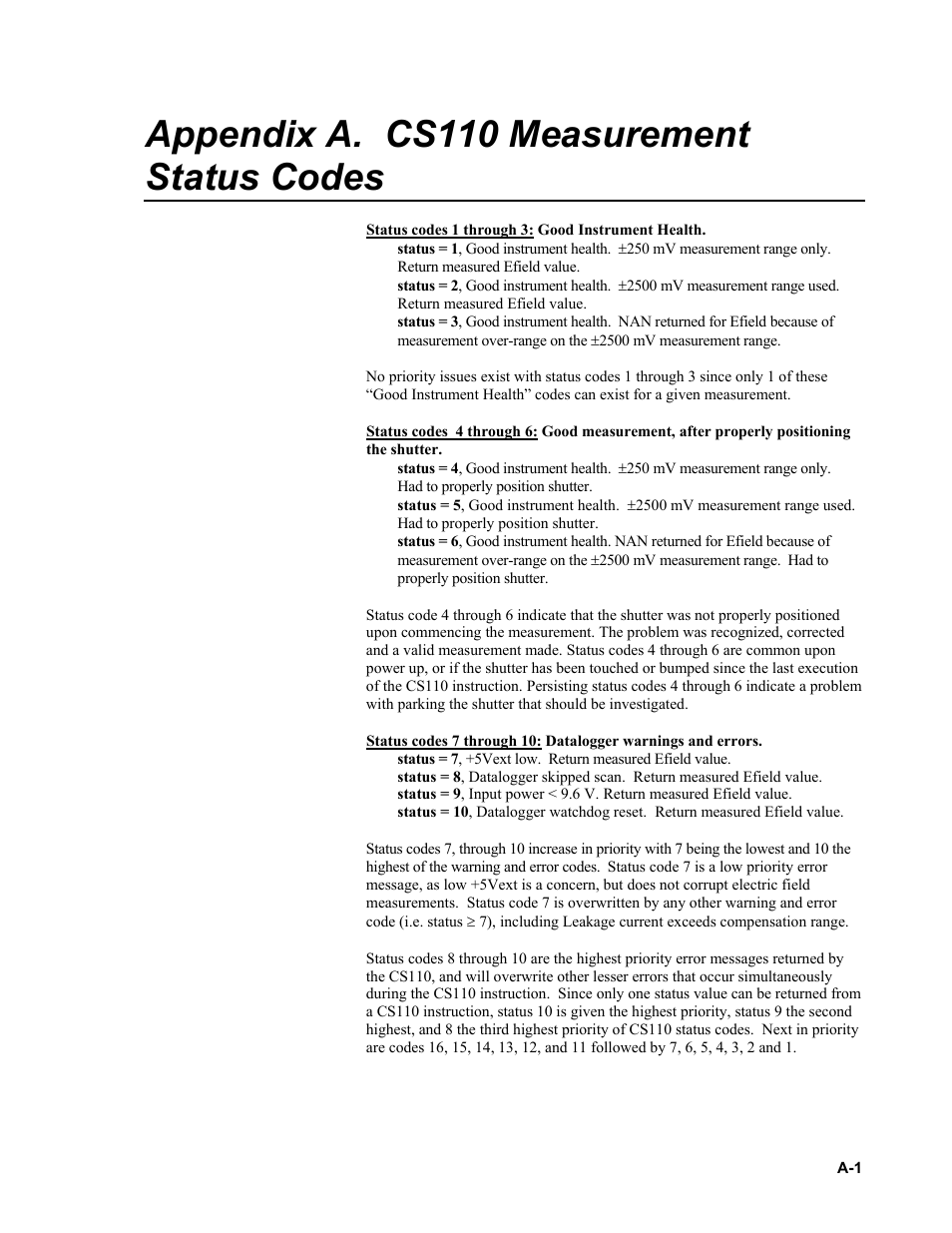 Appendix a. cs110 measurement status codes | Campbell Scientific CS110 Electric Field Meter User Manual | Page 49 / 88