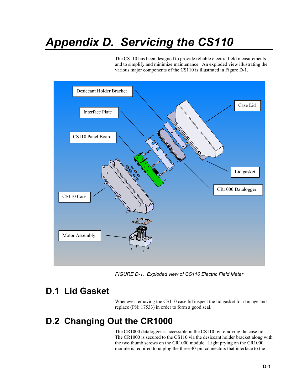 Appendix d. servicing the cs110, D.1 lid gasket, D.2 changing out the cr1000 | Campbell Scientific CS110 Electric Field Meter User Manual | Page 57 / 88