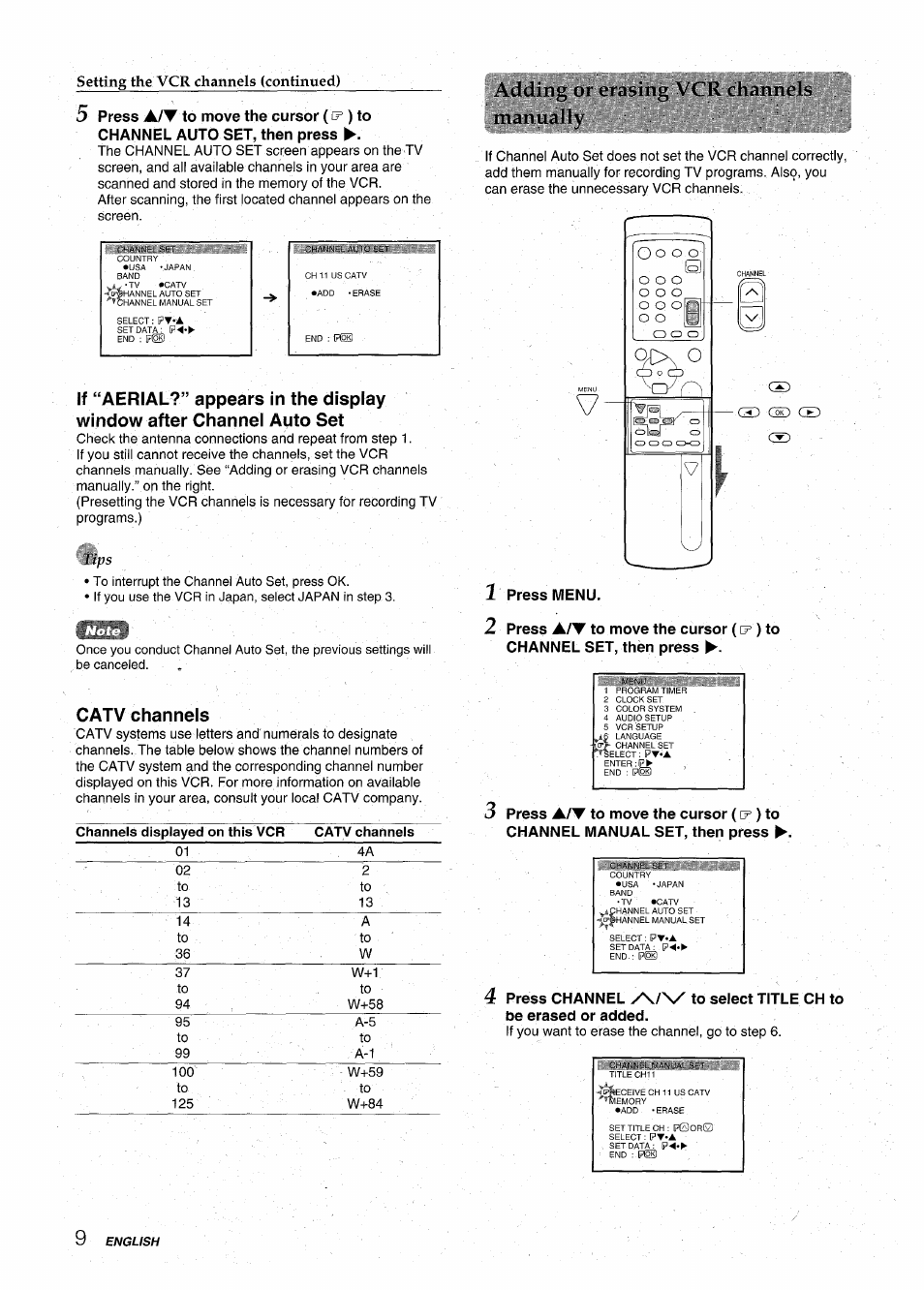 Setting the vcr channels (continued), Catv channels, Adding or erasing vcr channels! manually | 1 press menu, Press, Press menu, Ck) ce) | Aiwa HV-MX100U User Manual | Page 10 / 132