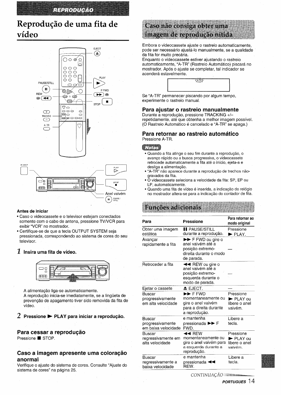 Reproduçâo de urna fita de vídeo, Antes de iniciar, 1 insira urna fita de video | 2 pressione ^ play para iniciar a reprodu^ào, Para cessar a reproduçâo, Caso a imagem apresente urna coloraçâo anormal, Para ajustar o rastreio manualmente, Para retornar ao rástrelo automático, Reprodugáo de urna fita de vídeo, Rillicócs (idicioilclis | Aiwa HV-MX100U User Manual | Page 111 / 132
