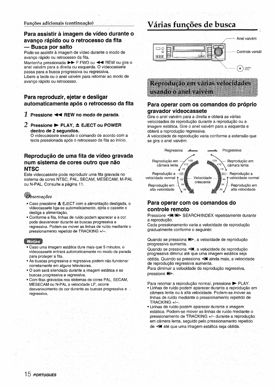 1 pressione ◄◄ rew no modo de parada, Várias fun^òes de busca, Várias fungoes de busca | Kopi'oducño, Viirias volocid.idos usando o and vai\óm, Para operar com, Comandos do controie remoto | Aiwa HV-MX100U User Manual | Page 112 / 132