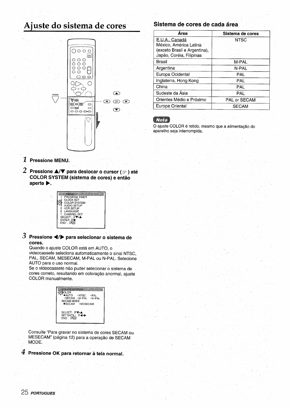 Ajuste do sistema de cores, Sistema de cores de cada área, Pressione menu | Pressione -</► para selecionar o sistema de cores, Pressione ok para retornar à teia normal | Aiwa HV-MX100U User Manual | Page 122 / 132
