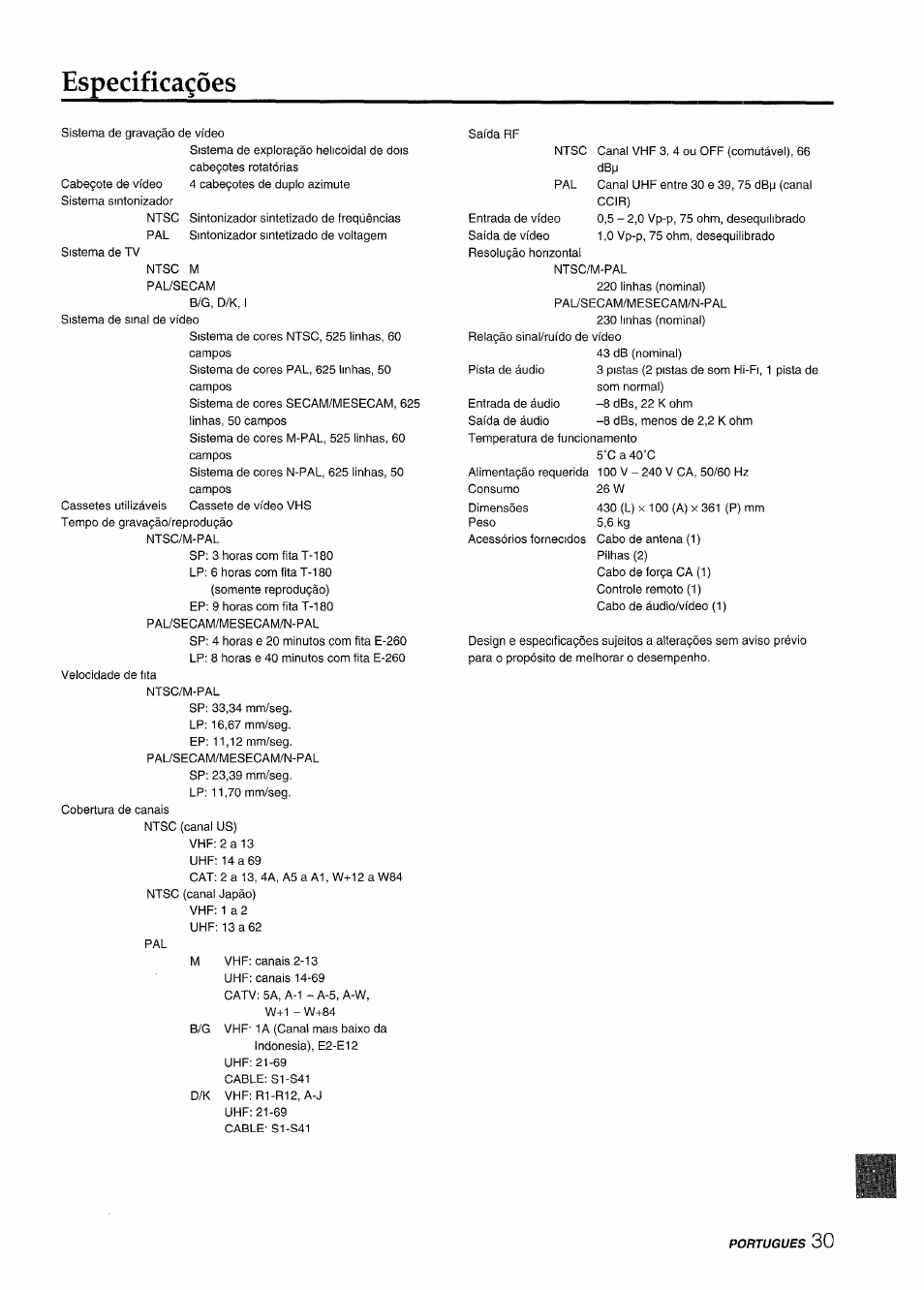 Especificaçôes, Especificaciones | Aiwa HV-MX100U User Manual | Page 127 / 132