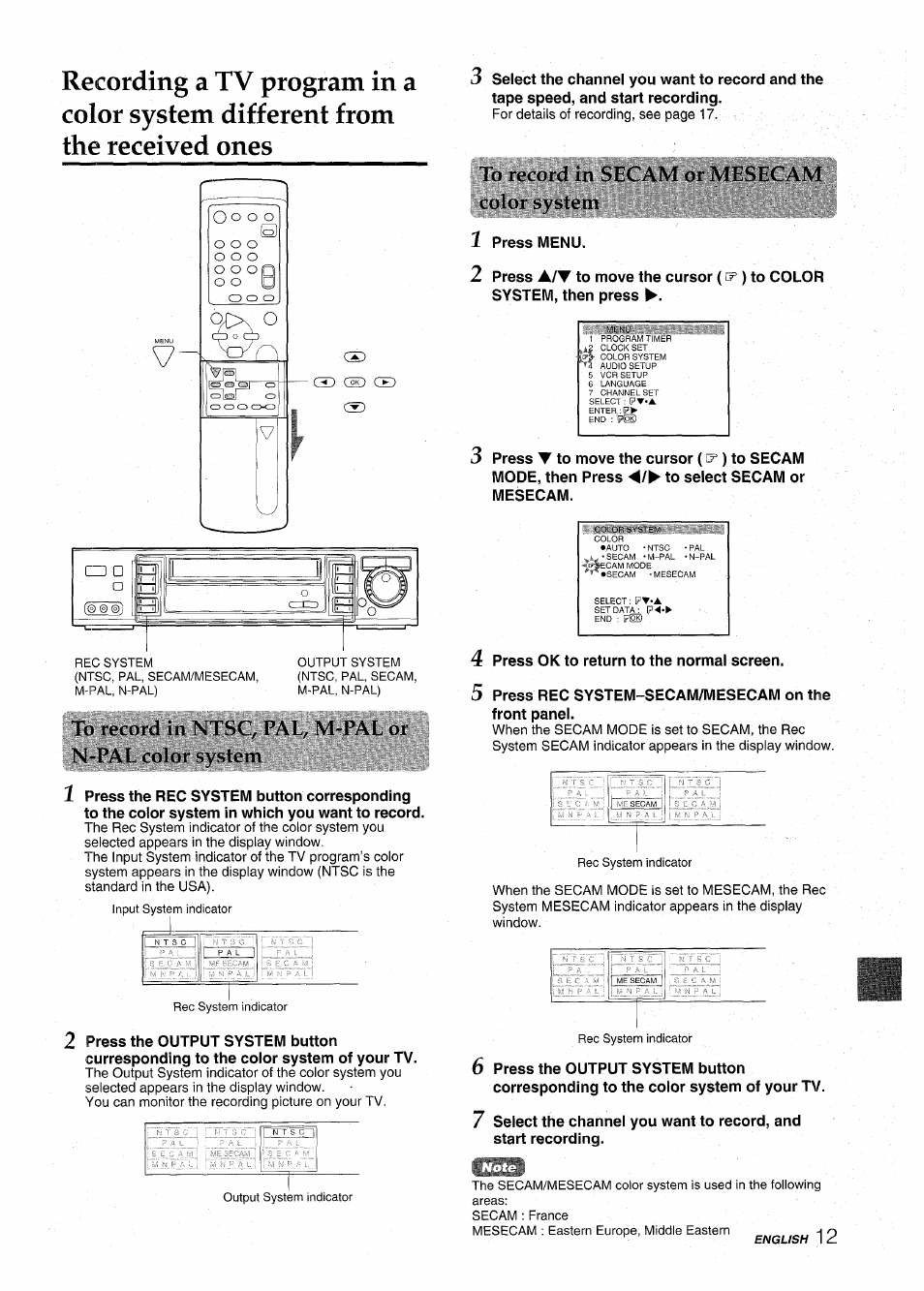 I'o record in secam or mesecam color svslem, Press menu, Press ok to return to the normal screen | Press rec system-secam/mesecam on the front panel | Aiwa HV-MX100U User Manual | Page 13 / 132