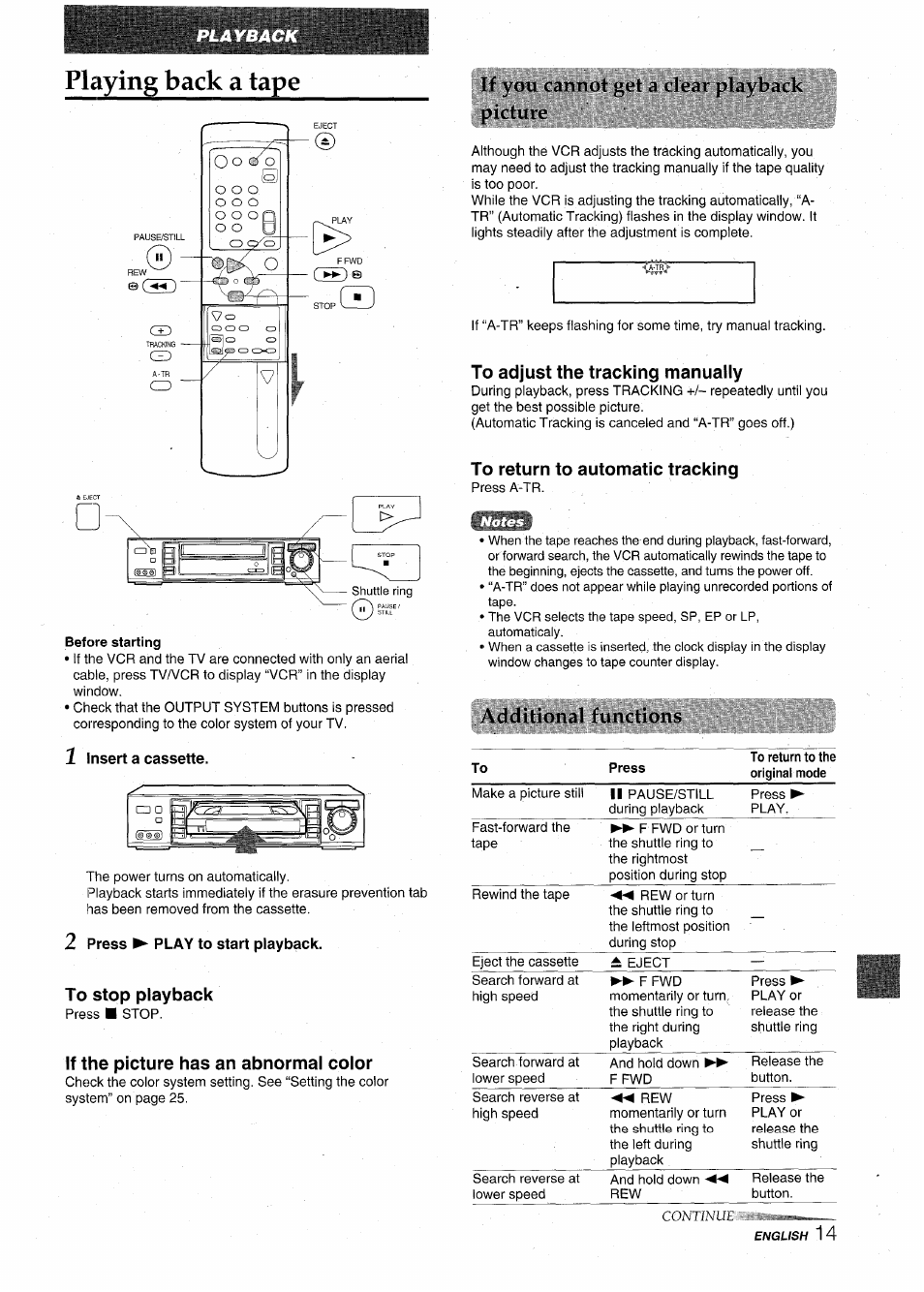 Playing back a tape, 1 insert a cassette, 2 press ► play to start playback | To stop playback, If the picture has an abnormal color, If you cannot i;l*1 a clear playback, To adjust the tracking manually, To return to automatic tracking, Dditioiiiil funclions, If you cannot | Aiwa HV-MX100U User Manual | Page 15 / 132