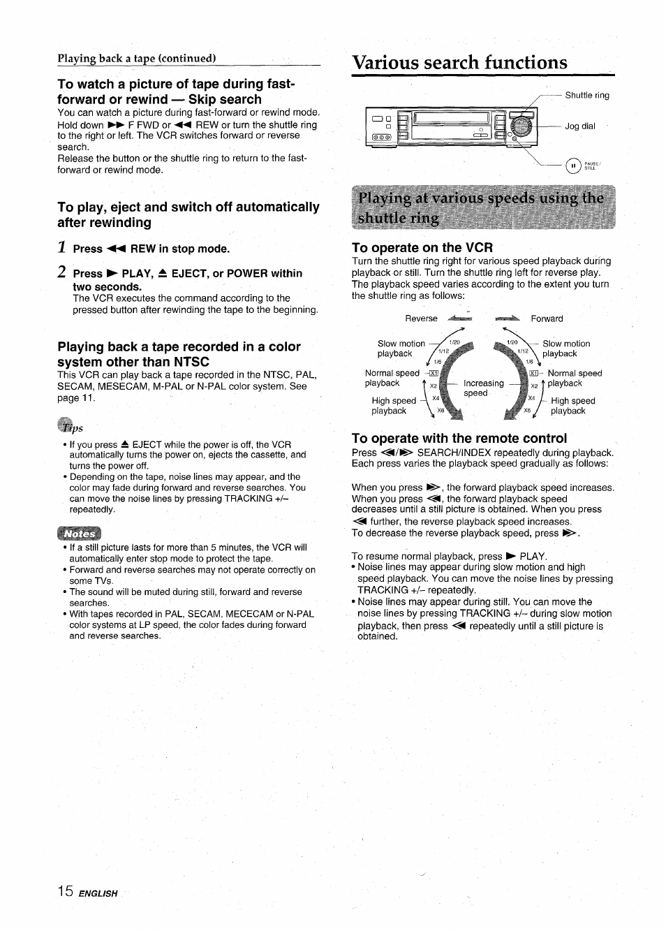 1 press ◄◄ rew in stop mode, To operate on the vcr, To operate with the remote control | Various search functions | Aiwa HV-MX100U User Manual | Page 16 / 132