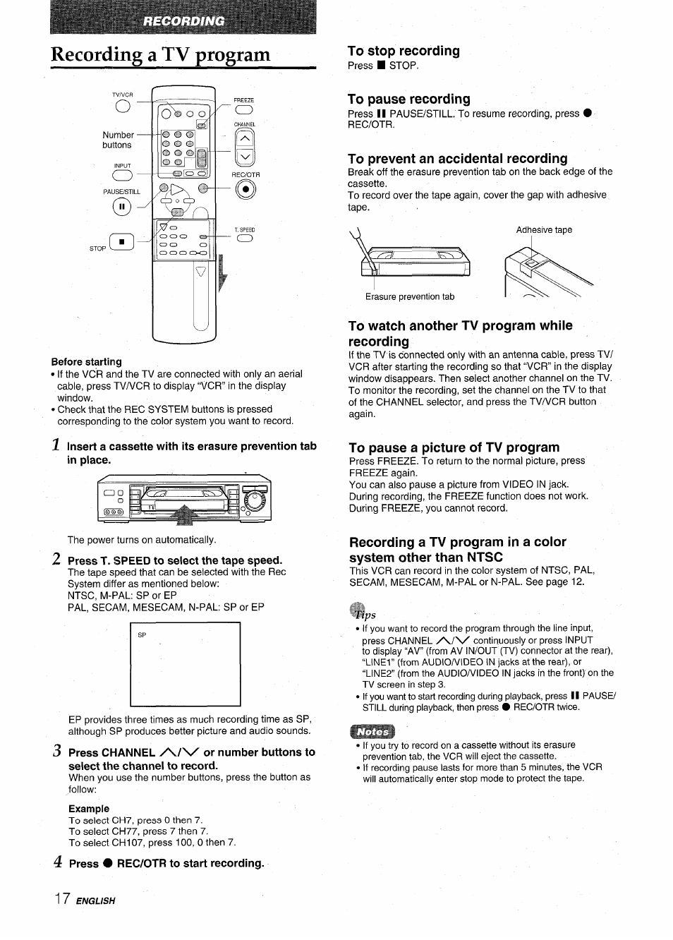 Recording a tv program, Before starting, Press t. speed to select the tape speed | Example, 4 press • rec/otr to start recording, To pause recording, To prevent an accidental recording, To watch another tv program while recording, To pause a picture of tv program | Aiwa HV-MX100U User Manual | Page 18 / 132