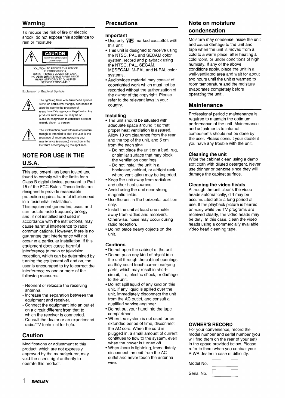 Warning, Precautions, Note for use in the u.s.a | Caution, Important, Installing, Cautions, Note on moisture condensation, Maintenance, Cleaning the unit | Aiwa HV-MX100U User Manual | Page 2 / 132