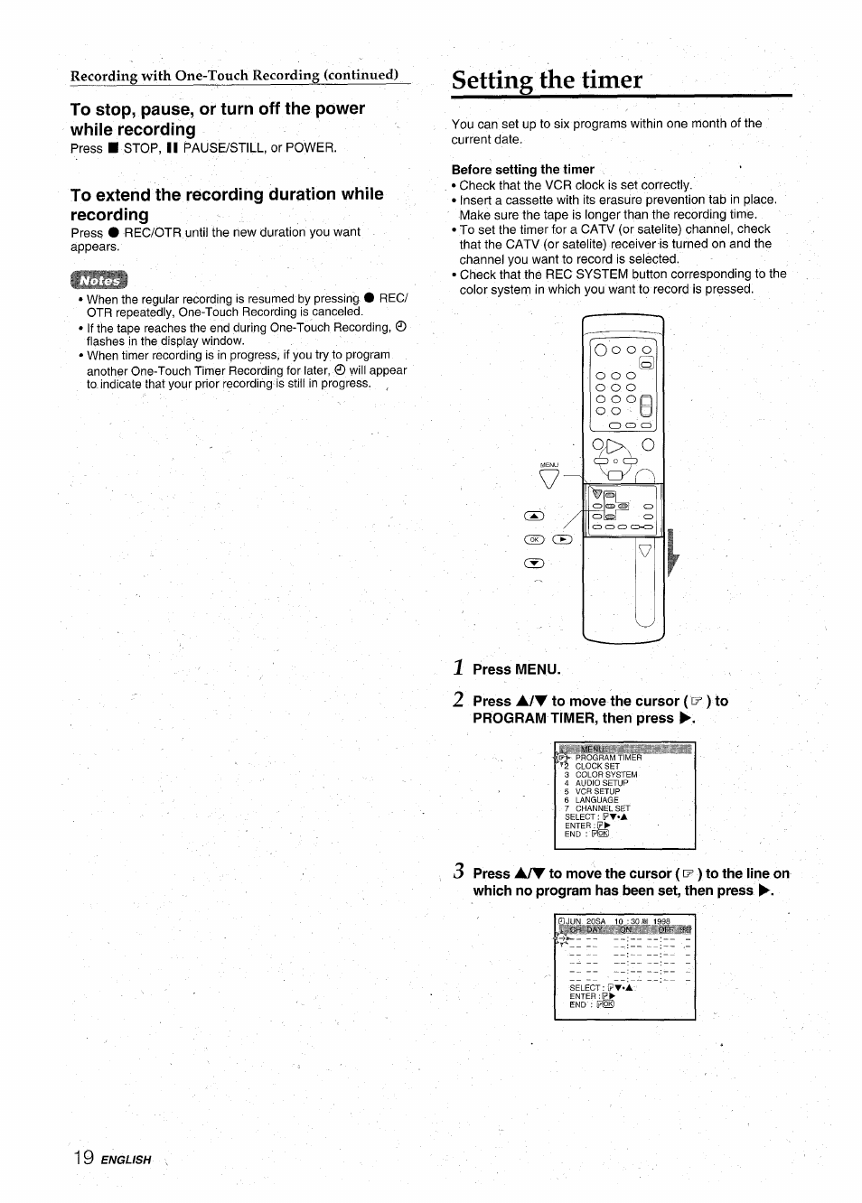 To extend the recording duration while recording, 1 press menu, Setting the timer | Recording with one-touch recording (continued) | Aiwa HV-MX100U User Manual | Page 20 / 132