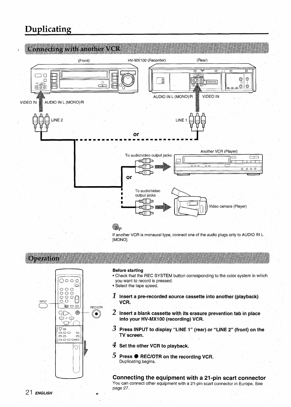 Duplicating, Connecting with another vcr, Operation | Aiwa HV-MX100U User Manual | Page 22 / 132