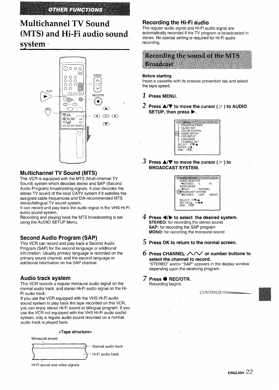 Multichannel tv sound (mts), Second audio program (sap), Audio track system | Tape structure, Recording the hi-fi audio, Fiecording iho sound of the \11 s 13 loaded si, Before starting, 1 press menu, 5 press ok to return to the normal screen, 7 press • rec/otr | Aiwa HV-MX100U User Manual | Page 23 / 132