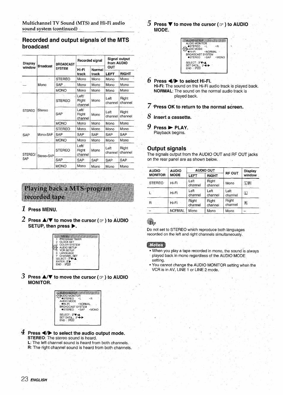 Recorded and output signals of the mts broadcast, I’kiyinj; back a m i s-program recorded tape, 1 press menu | 4 press to select the audio output mode, 5 press ▼ to move the cursor ( c? ) to audio mode, 6 press to select hi-fi, 7 'press ok to return to the normai screen, 8 insert a cassette, 9 press ► play, Output signals | Aiwa HV-MX100U User Manual | Page 24 / 132