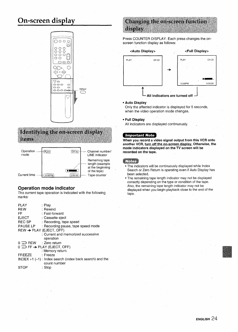 On-screen display, Idenlilying the on-screcn display, Operation mode indicator | Changing llu* * on-suvon lunclion display, All indicators are turned off, Auto display, Full display | Aiwa HV-MX100U User Manual | Page 25 / 132
