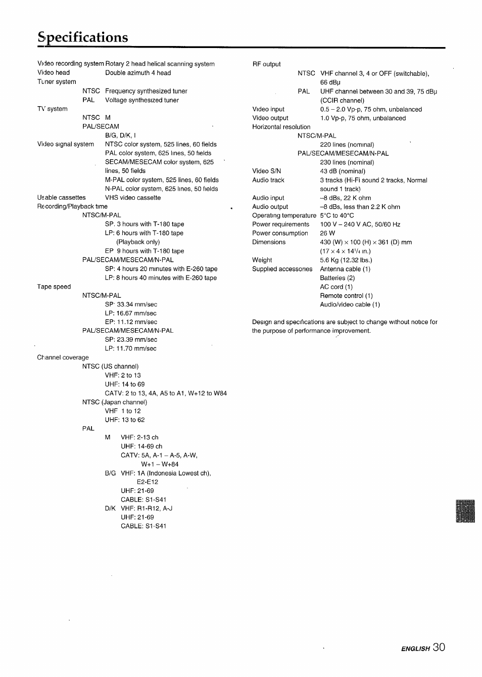 Specifications | Aiwa HV-MX100U User Manual | Page 31 / 132