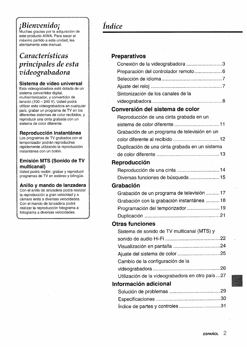 Bienvenidoj, Índice | Aiwa HV-MX100U User Manual | Page 35 / 132