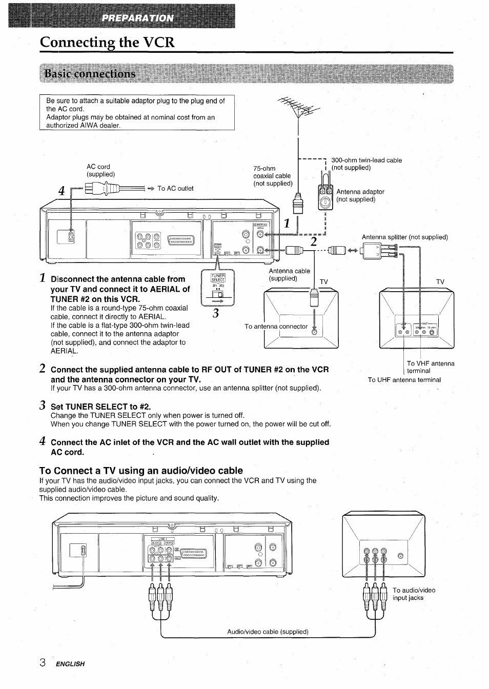 Connecting the vcr, 3 set tuner select to #2, Ac cord | To connect a tv using an audio/video cable, Iii1->ic conncclions | Aiwa HV-MX100U User Manual | Page 4 / 132
