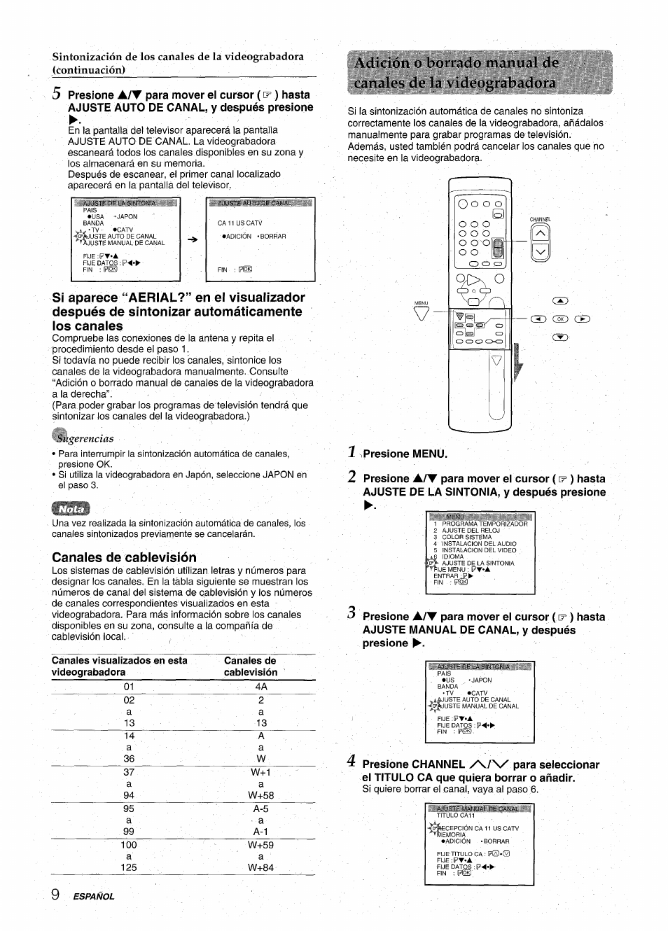 Canaies de cabievísión, O <=> o, 5 presione | 1 presione menu. 2 presione, Presione | Aiwa HV-MX100U User Manual | Page 42 / 132