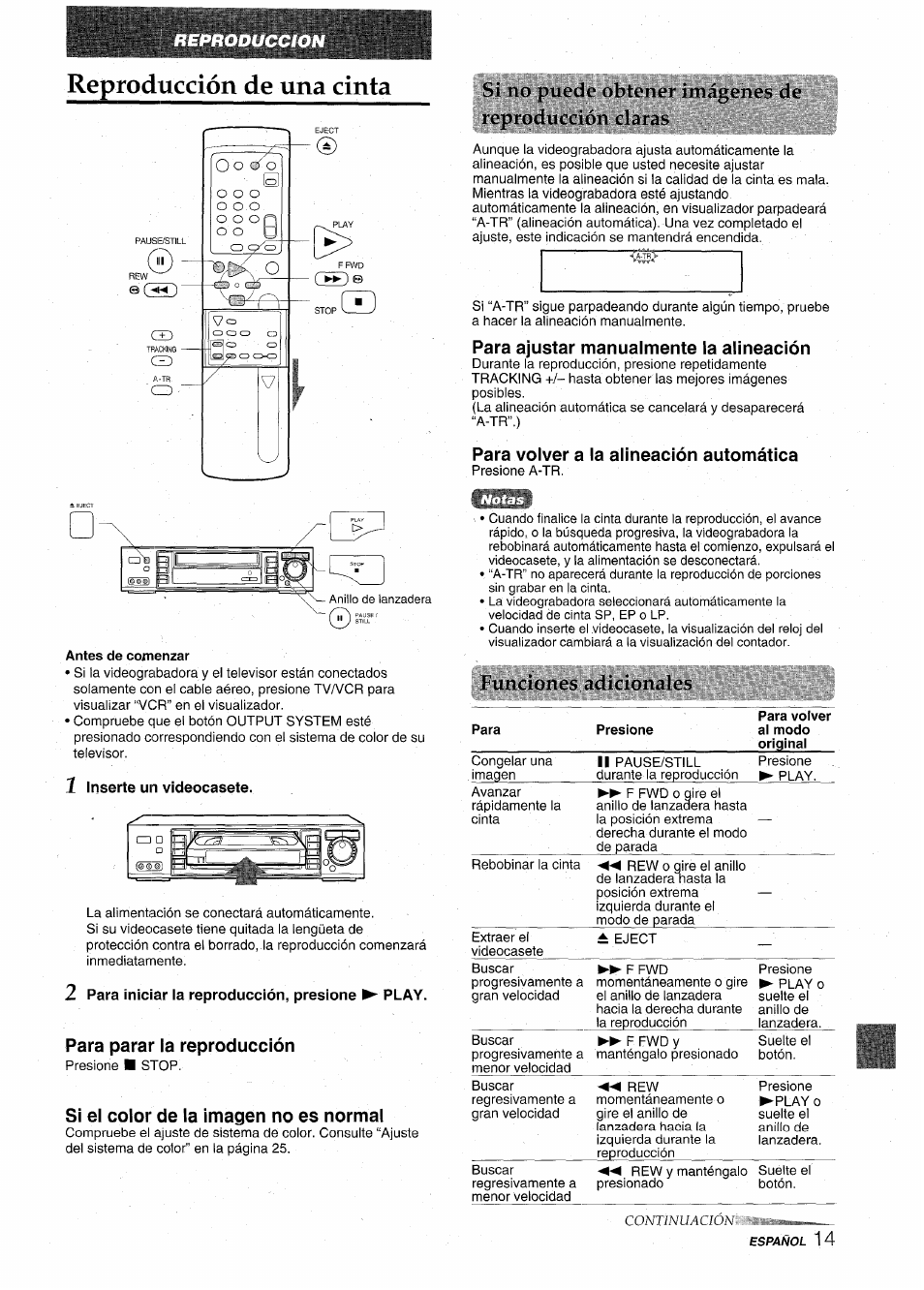 Reproducción de una cinta, Antes de comenzar, 1 inserte un videocasete | 2 para iniciar ia reproducción, presione ^ play, Para parar la reproducción, Si el color de la imagen no es normal, Para ajustar manualmente la alineación, Para volver a la alineación automática, I unciónos (idicionaios, Reproduccion | Aiwa HV-MX100U User Manual | Page 47 / 132