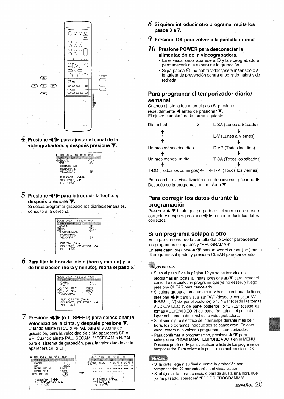 Para programar el temporizador diario/ semanal, Para corregir los datos durante la programación, Si un programa solapa a otro | Aiwa HV-MX100U User Manual | Page 53 / 132