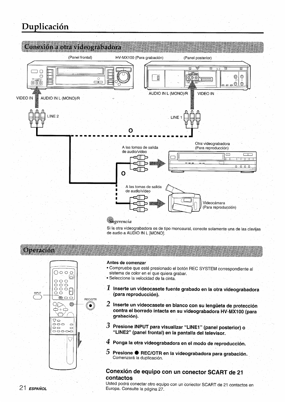 Duplicación, Conexión a otra videograbadora, Operación | Antes de comenzar | Aiwa HV-MX100U User Manual | Page 54 / 132