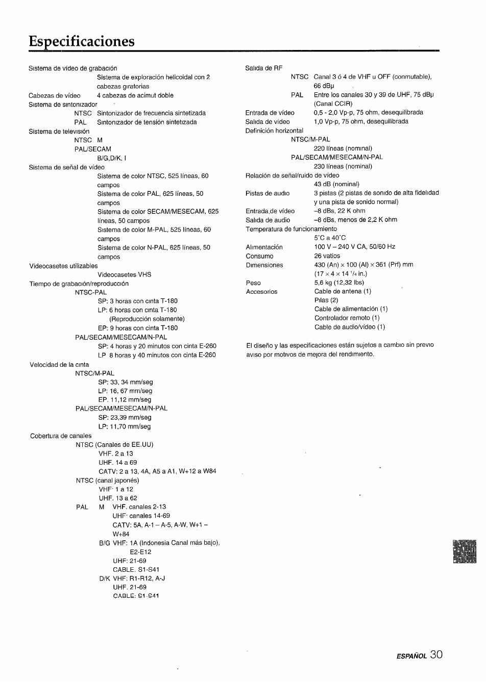 Especificaciones | Aiwa HV-MX100U User Manual | Page 63 / 132