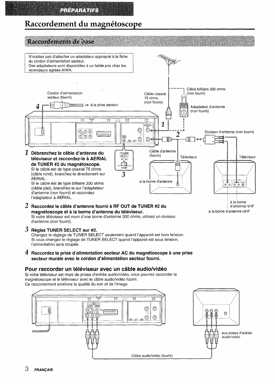 Raccordement du magnétoscope, 3 réglez tuner select sur #2, U cicco rdo monts do odse | Aiwa HV-MX100U User Manual | Page 68 / 132