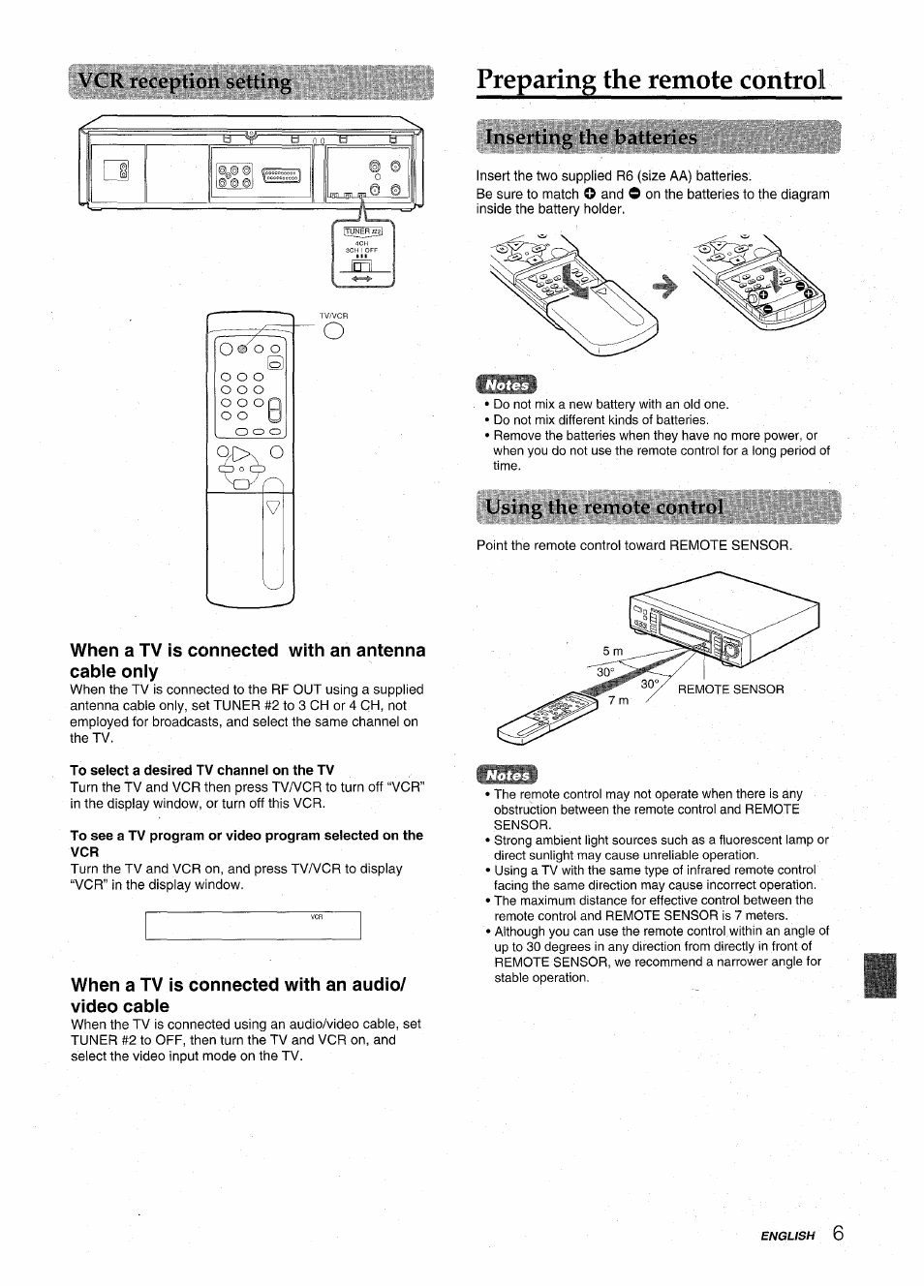 Vcr rocoption sottii1j, When a tv is connected with an antenna cable only, To select a desired tv channel on the tv | When a tv is connected with an audio/ video cable, Preparing the remote control, Inserting the batteries, Using iho ivmotc control | Aiwa HV-MX100U User Manual | Page 7 / 132