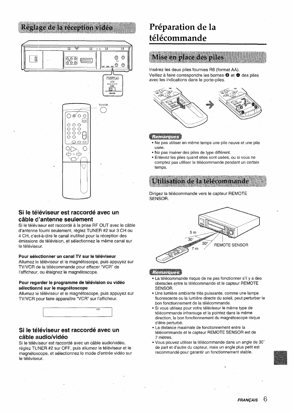 Préparation de la télécommande, Miso on pl.ico dos pilos, Utilistition do iti télécomm.indo | Pour sélectionner un canal tv sur le téléviseur, Rcgljigo do ui réceplion vidéo | Aiwa HV-MX100U User Manual | Page 71 / 132